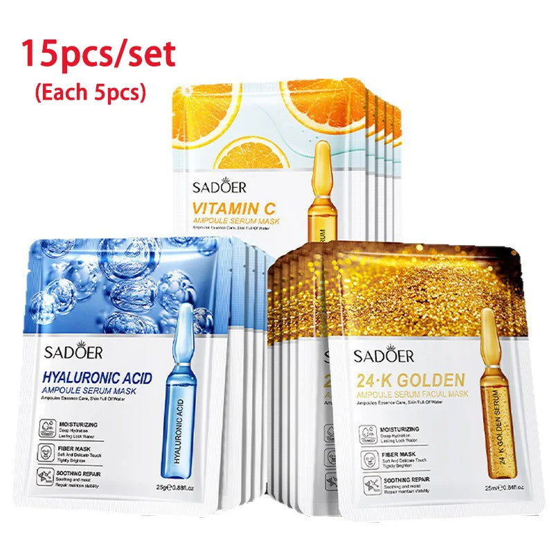 30/15pcs SADOER 24K Gold Vitamin C Hyaluronic Acid Facial Masks Face Moisturizing Firming Hydrating Face Mask Facial Skin Care