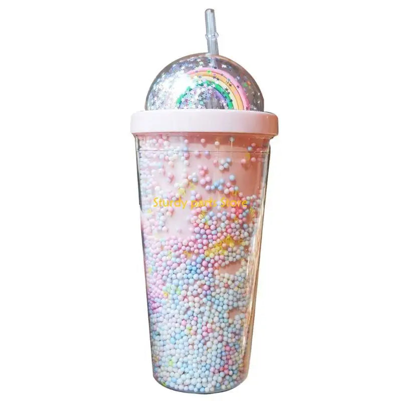 97QC 550ml Rainbow Plastic Water Bottle Double Layer Sequins Drinking Cup with Straw