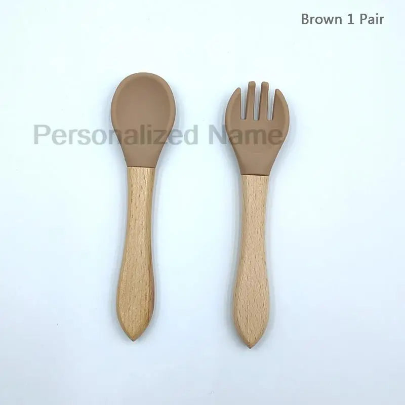 Baby Silicone Spoon & Fork Set – Soft BPA-Free Feeding Utensils with Wooden Handle - I YAN