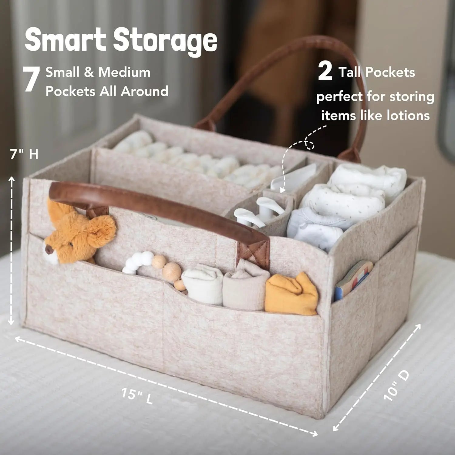 Baby felt nursery organizer basket with handle, large pockets, and diaper storage for infants and kids by I YAN.