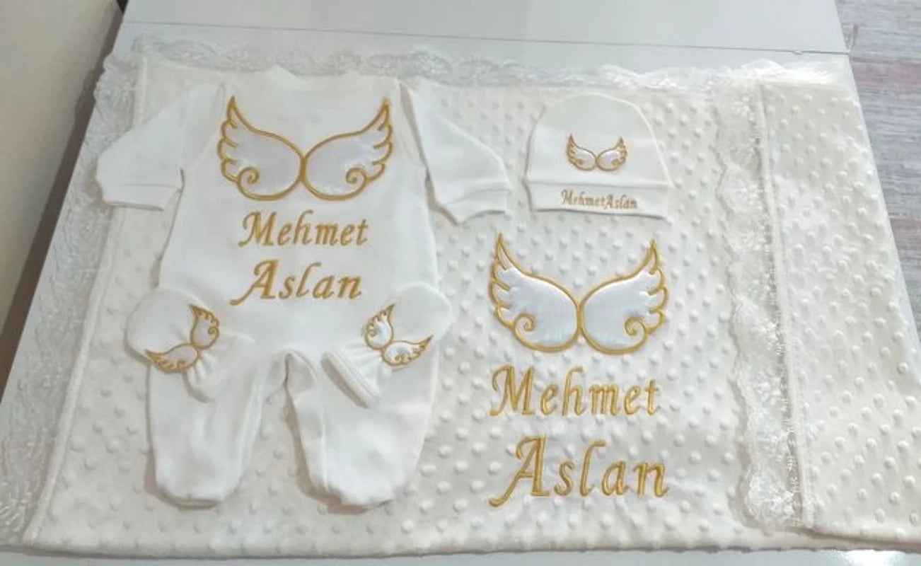 Personalized Angel Wings Newborn Gift Set – 5-Piece Embroidered Cotton Layette - I YAN
