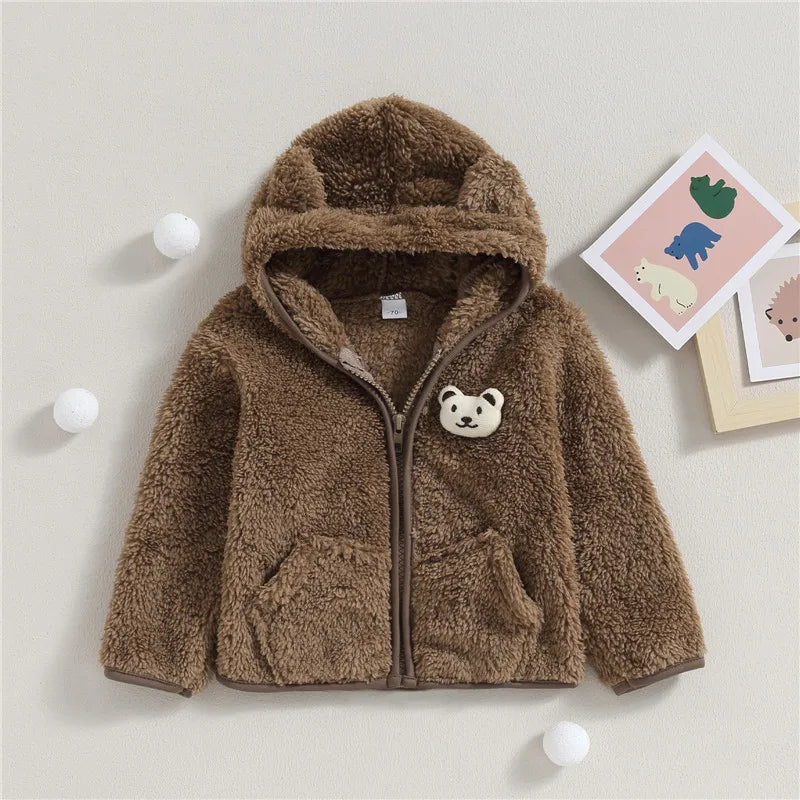 0-24months Unisex Baby Fuzzy Coat 3d Bear Hooded Jacket For Infant Girl And Boy Zipper  Spring Autumn Closure Fleece Outerwear