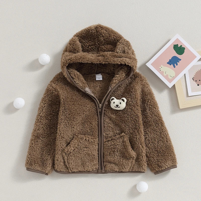 0-24months Unisex Baby Fuzzy Coat 3d Bear Hooded Jacket For Infant Girl And Boy Zipper  Spring Autumn Closure Fleece Outerwear