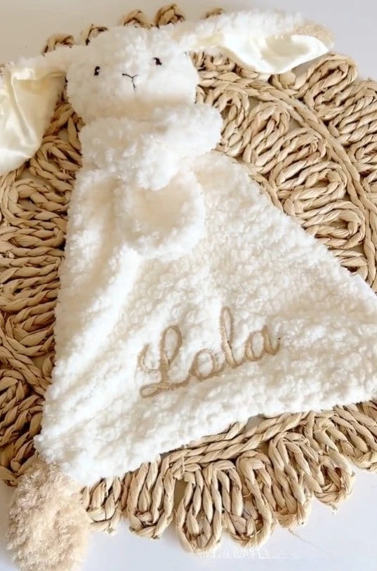 Personalized baby burp cloth with cute rabbit embroidery, made of organic cotton, by I YAN, soothing and soft for newborns.