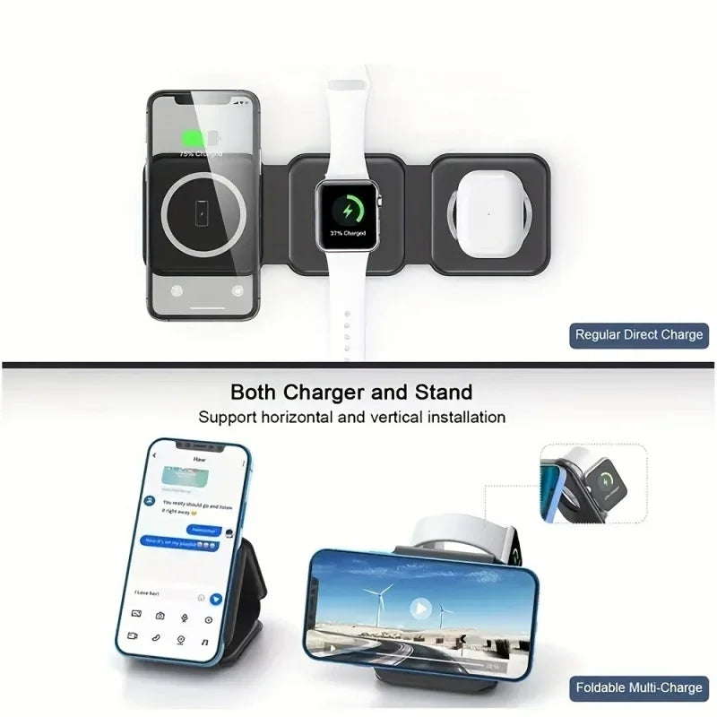 3 in 1 Portable Magnetic Wireless Charger Fast Charging Dock Station Foldable Stand Trip Charger For iPhone Apple Watch AirPods