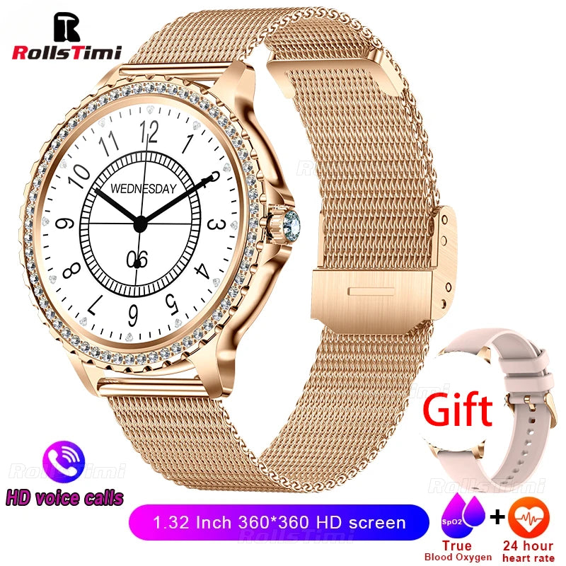 2024 New Gold Luxury Smart Watch Women 1.32Inch HD Screen Sports Custom Dial Heart Rate Voice Call Smart watch For Gift Ladies