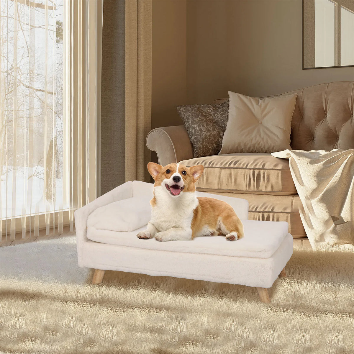 Elevated Nordic pet stool bed with cozy pad, waterproof fabric, and sturdy wood legs for small dogs and kittens.