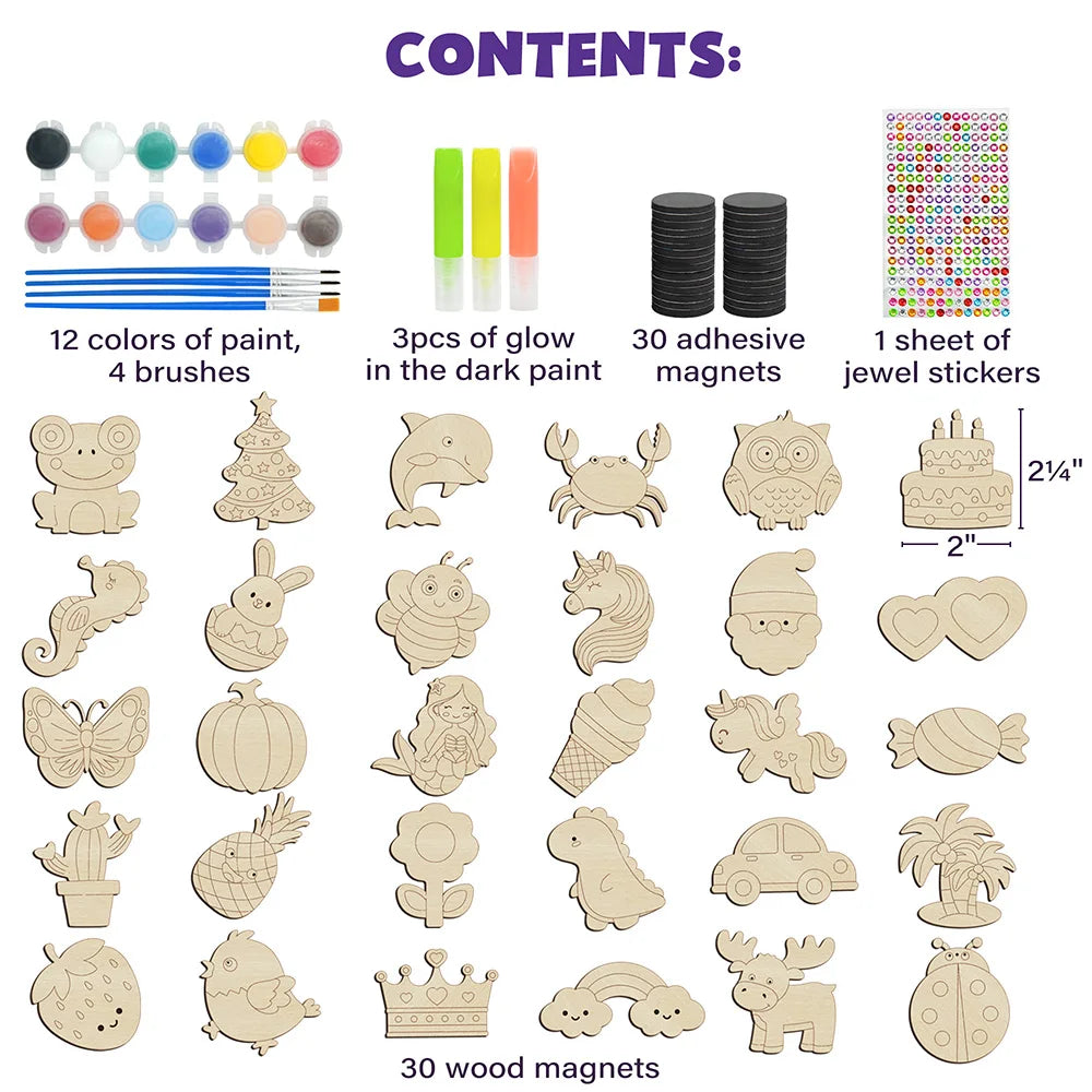 DIY wooden magnet craft kit for kids by I YAN, featuring glow-in-the-dark paint and arts supplies for fun holiday decorating.