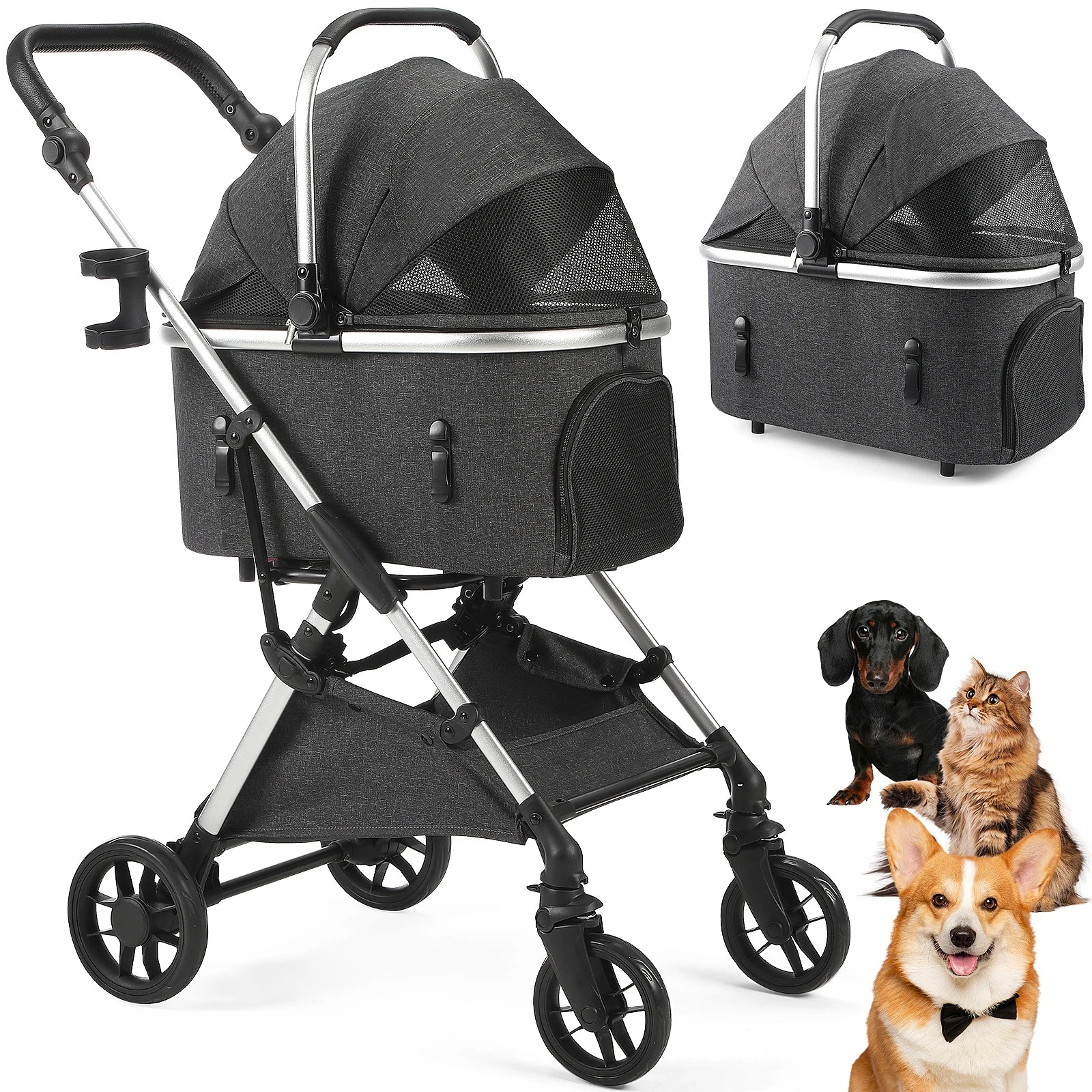 Portable Lightweight Pet Stroller for Medium Dogs - Smooth-Ride 3-in-1 Car Seat Combo with Detachable Carrier Rubber Wheels Quick-Folding for Seniors Cats up to 50 Lbs