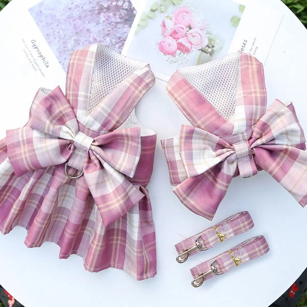 I YAN reusable dog harness with plaid design, leash, adjustable washable pet skirt, and bow, suitable for small dogs like rabbits.