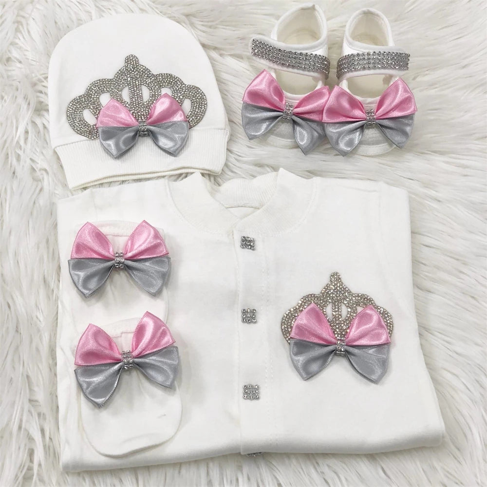 Luxury Newborn Baby Romper Set 4-Piece – Crystal Crown Layette for Photography & Coming Home - I YAN