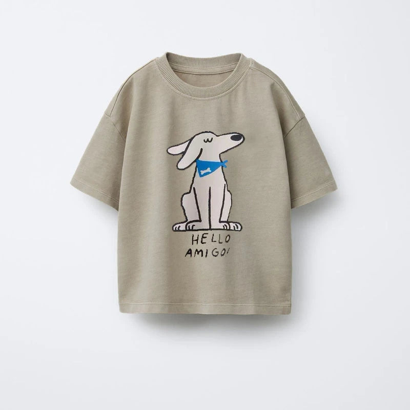Animal pattern boys' T-shirt by I YAN featuring short sleeves, round collar, children's print, perfect for summer casual wear.