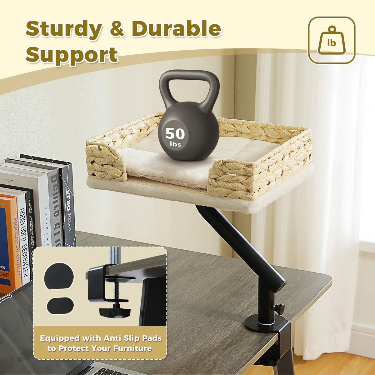 Soft I YAN cat desk bed with 360° rotatable stand, adjustable hammock for indoor cats, perfect for tables and desks.