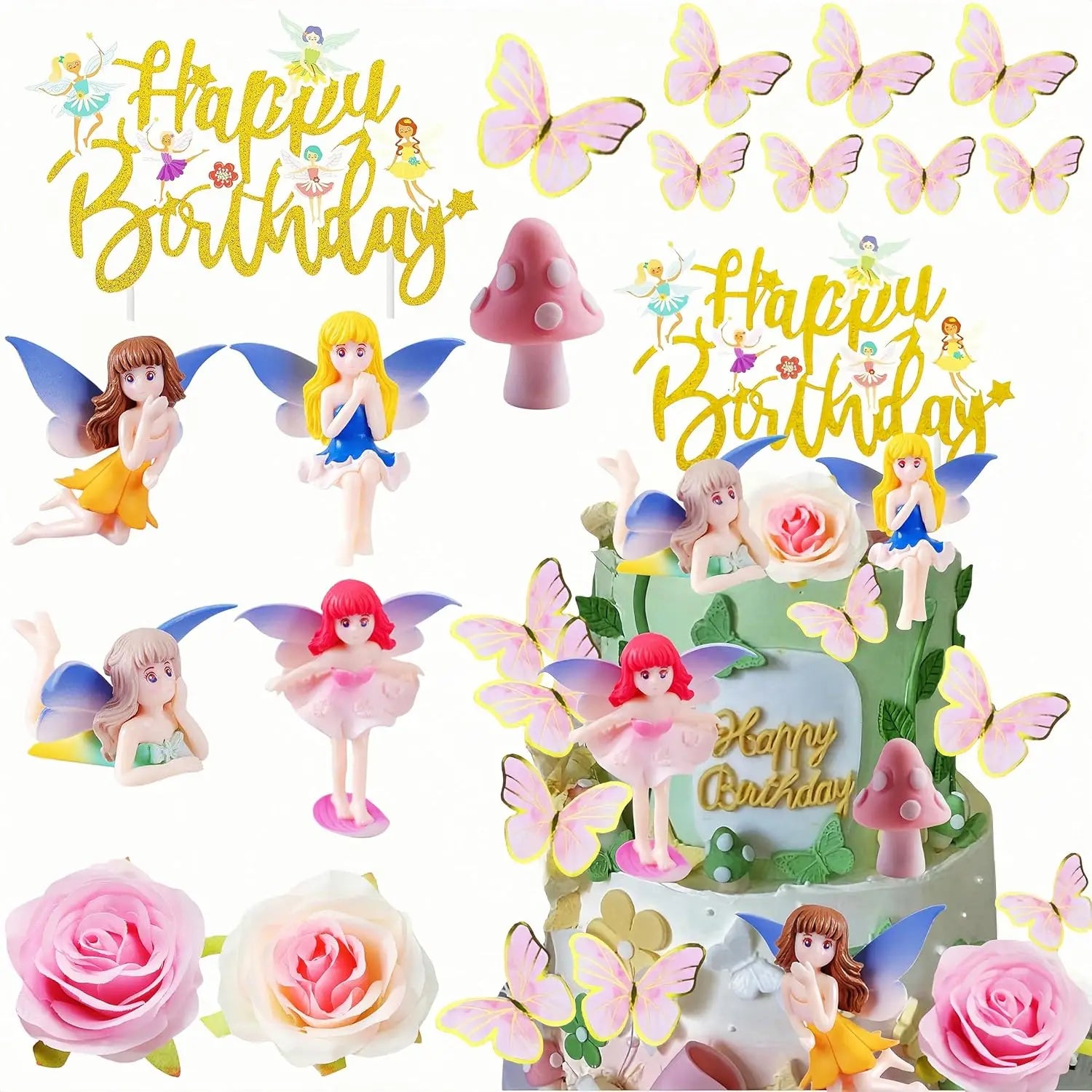 Fairy Cake Toppers Mushroom House Cake Decor Butterfly Cake Decor Fairy Garden Topper Fairy Party Supplies Flower Cupcake Topper