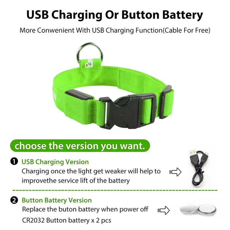 USB rechargeable LED glowing dog collar by I YAN with bright safety light for small dogs and cats at night.