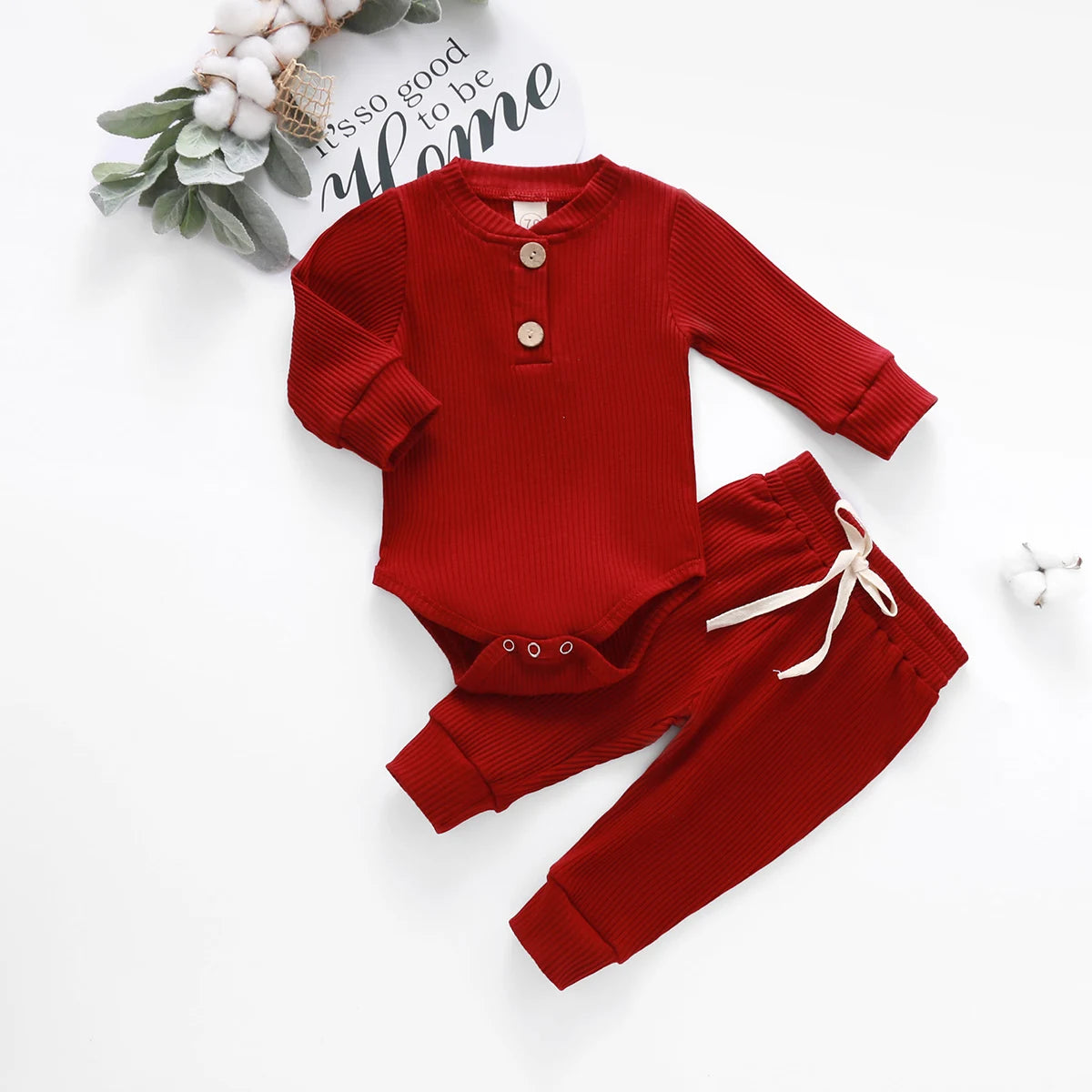 Infant girl and boy spring autumn ribbed and plaid 2-piece clothing set with long sleeve bodysuits and elastic pants by I YAN