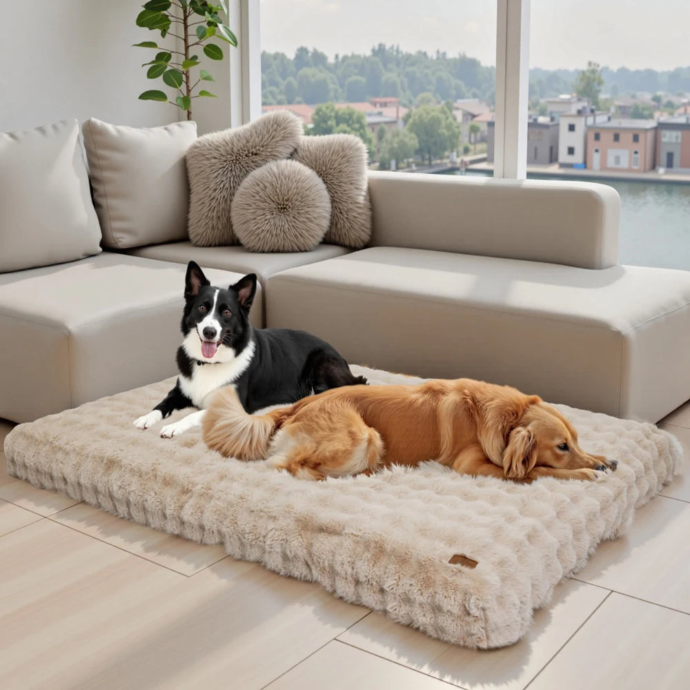 Large I YAN Ultra Plush Dog Bed with soft, washable cushion for puppies and large dogs inside a pet crate