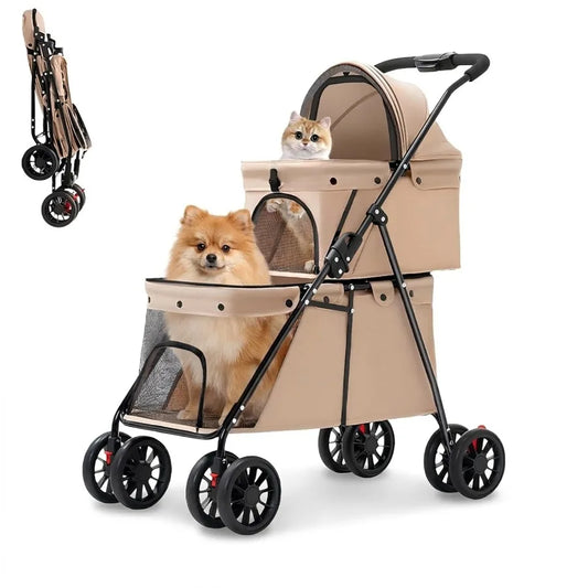I YAN double layer foldable pet stroller with breathable mesh windows, lightweight 4-wheel design for small cats and dogs.