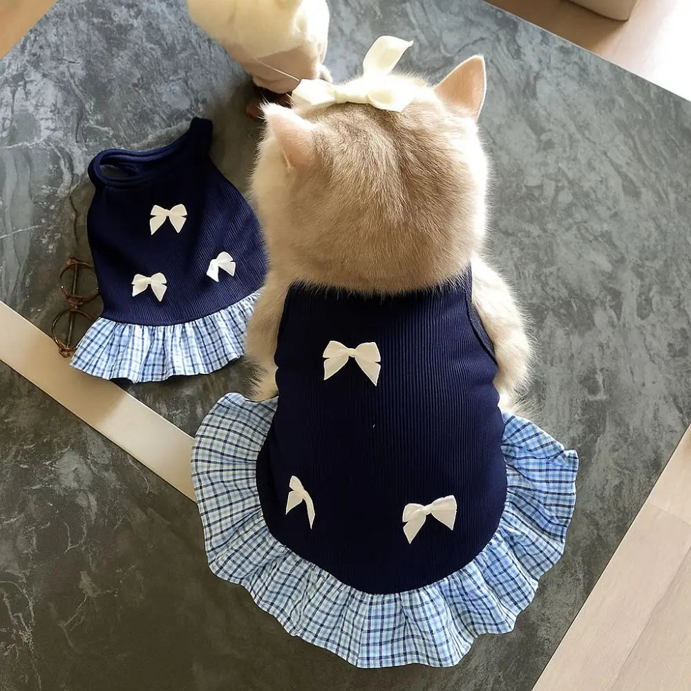 Pet Apparel Korean Style Dog Princess Skirt Breathable Thin Pet Strap Dress Bowknot Plaid Soft Pet Summer Clothes for Puppy Cats