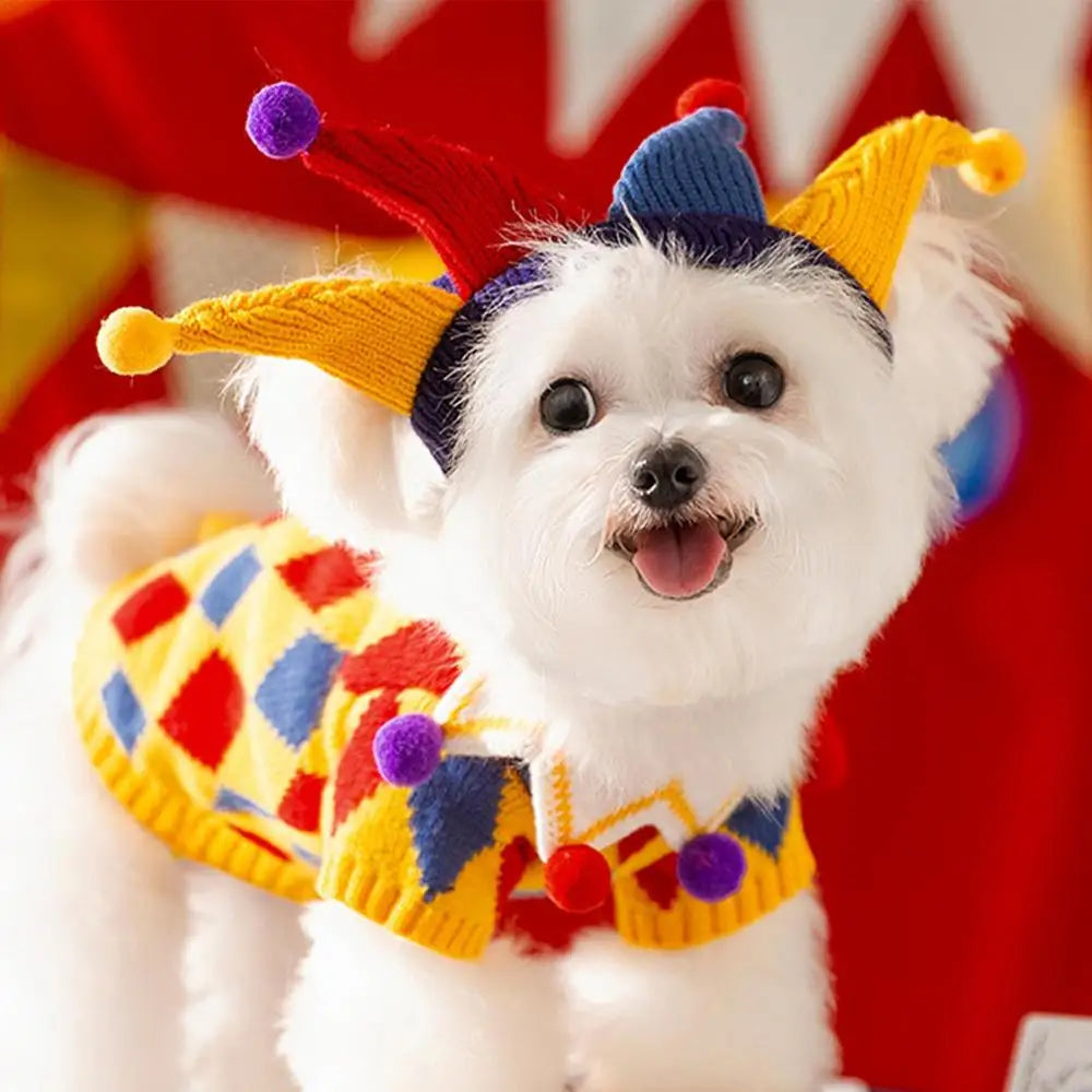 Clown Dog Costume with Hat – Funny Holiday Pet Sweater Outfit