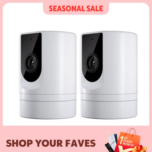 Two I YAN indoor security cameras in a 2-pack with motion detection, two-way audio, and WiFi connectivity for pet and baby monitoring.