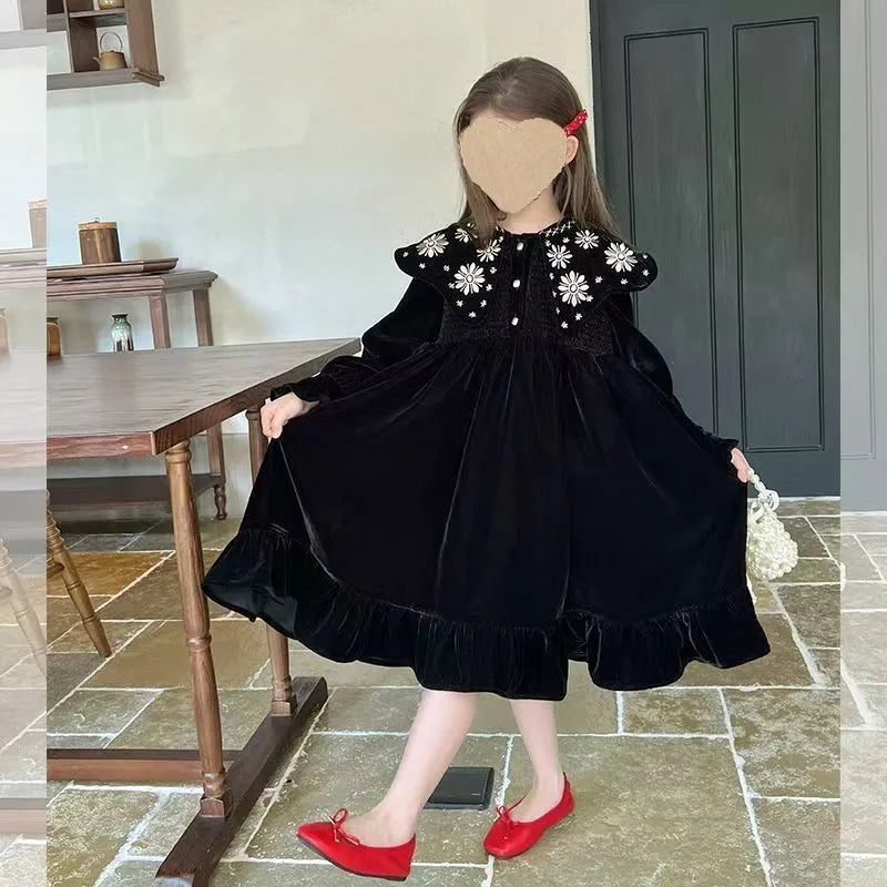 Fashion Girl Dress Thicken Velour Embroidery Sweet Kids Dress Long Sleeves Black Children Christmas Princess Dress