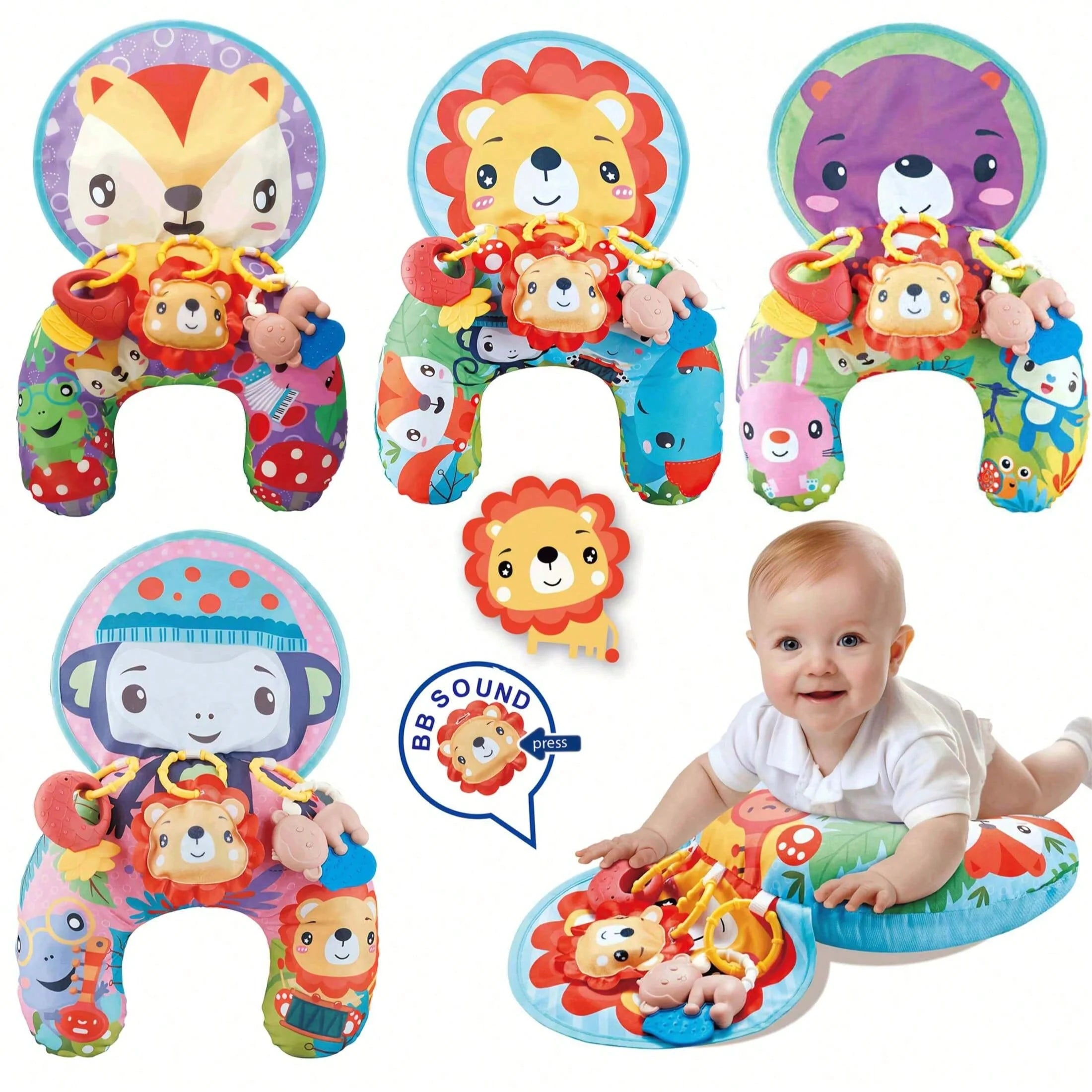 Colorful baby tummy time pillow with rattles and cartoon animal designs, multifunctional crawling mat and play gym for infants by I YAN.