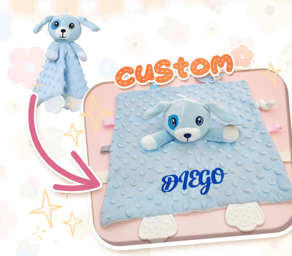 Soft minky dot baby blanket and lovey set by I YAN, personalized with custom name, perfect for boys and girls.
