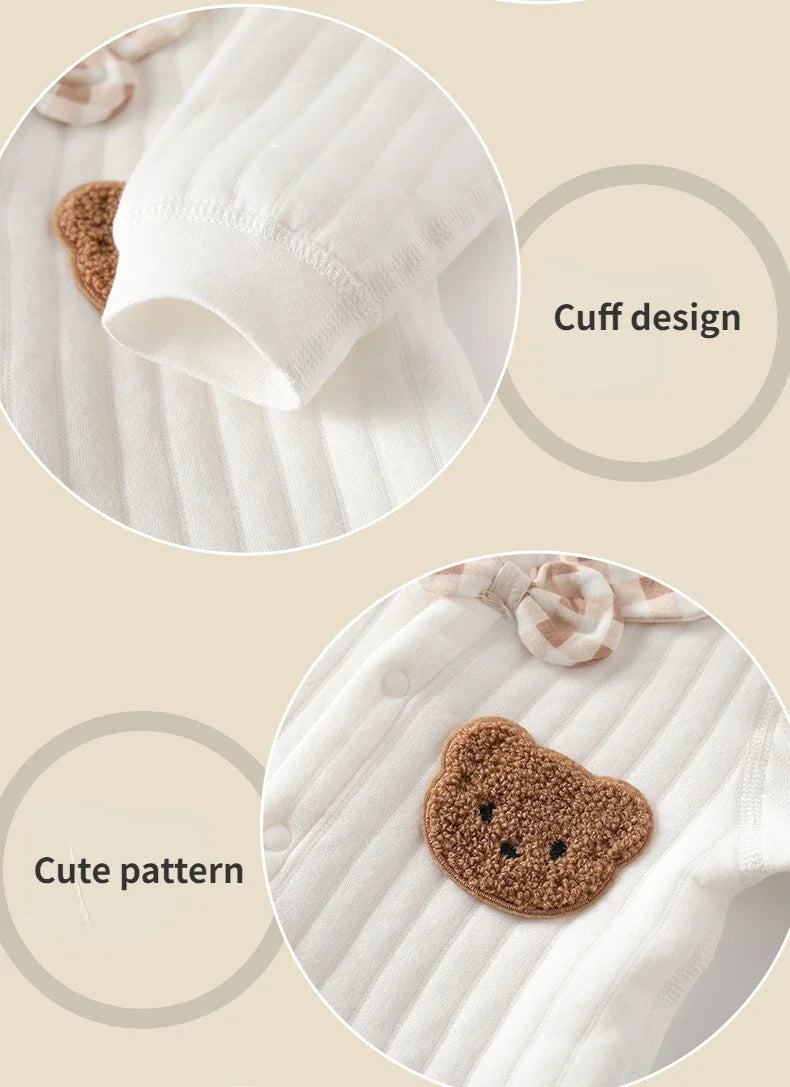 Newborn Baby Jumpsuit Clothes Winter Thickened Romper  Boys Girls Cute Embroidery Bear Bodysuit Autumn Clothing 0-1-3-6M