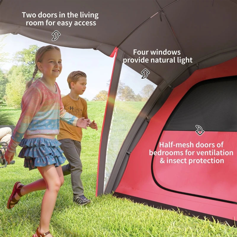 4-6 Man Family Camping Tent w/ 2 Bedrooms and a Living Room,with Waterproof Tunnel,Doors,Windows,Carry Bag, Grey  ﻿