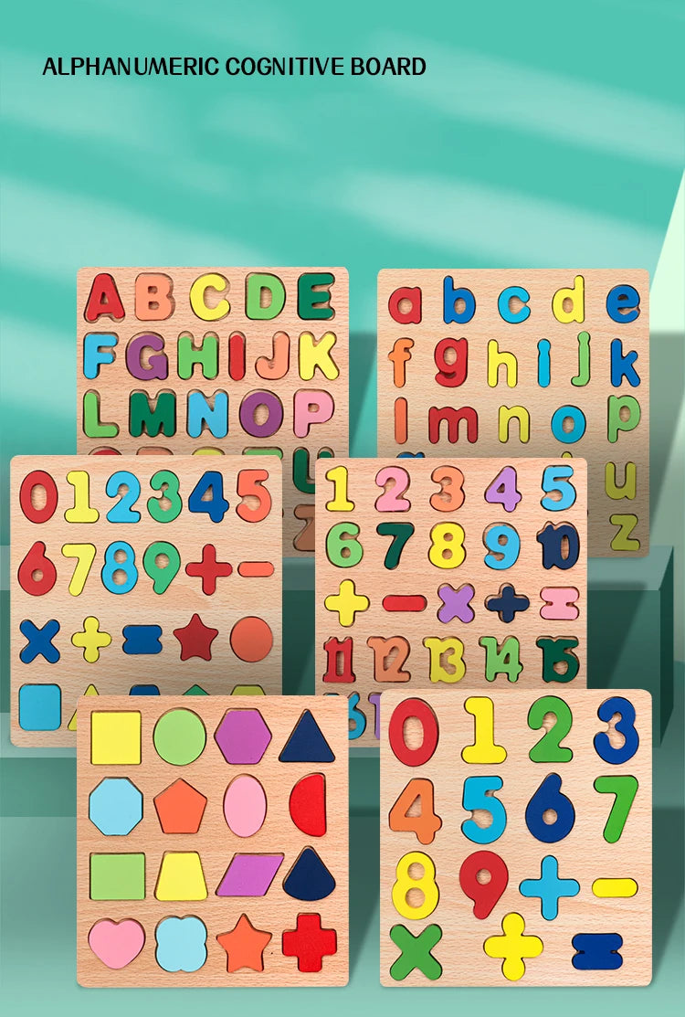 Kids wooden puzzle with alphabetic, arithmetic, and geometric shape pieces for Montessori preschool learning by I YAN.