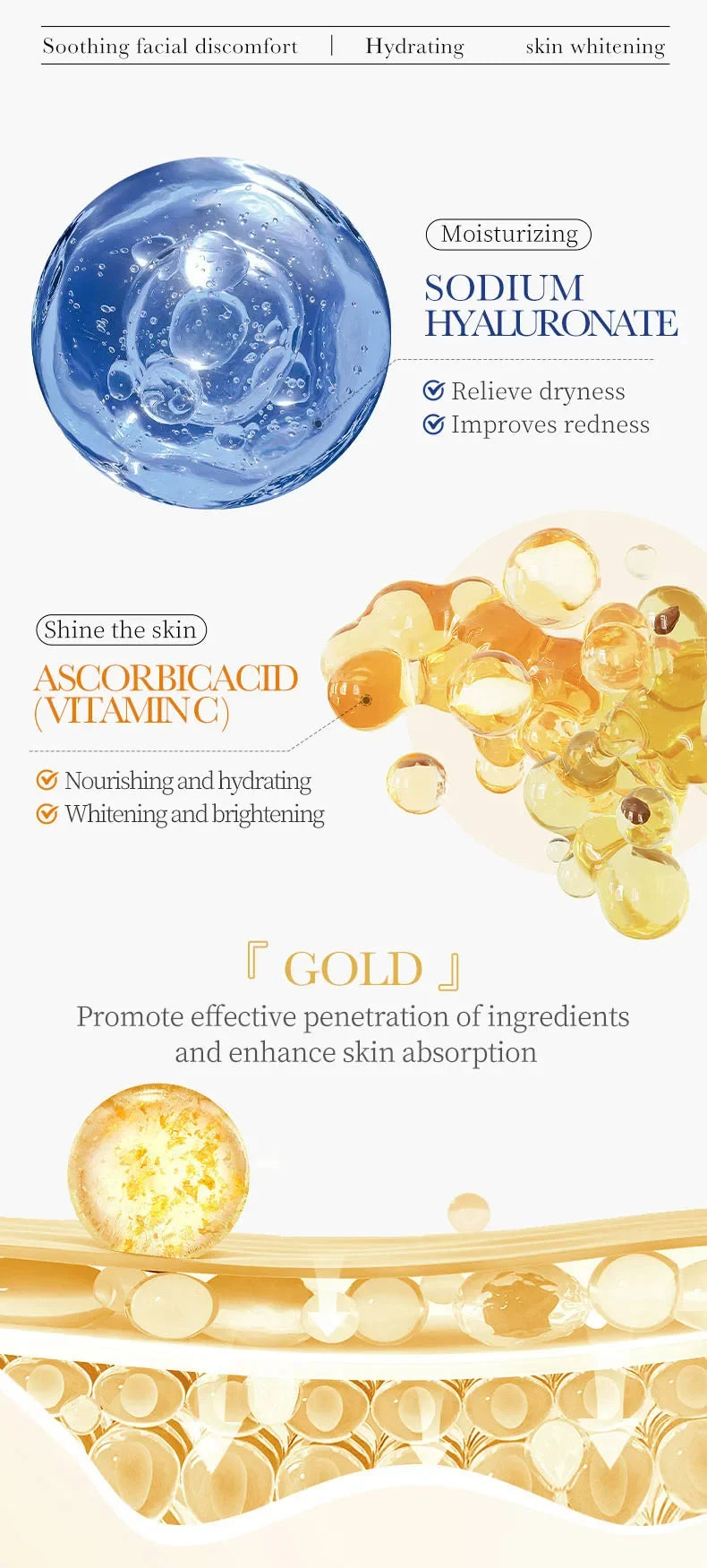 30/15pcs SADOER 24K Gold Vitamin C Hyaluronic Acid Facial Masks Face Moisturizing Firming Hydrating Face Mask Facial Skin Care