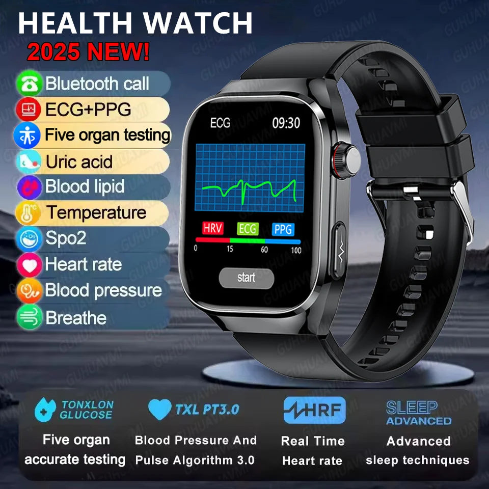 I YAN micro physical examination smartwatch for men showing digital display, health tracking features, and Bluetooth connectivity.