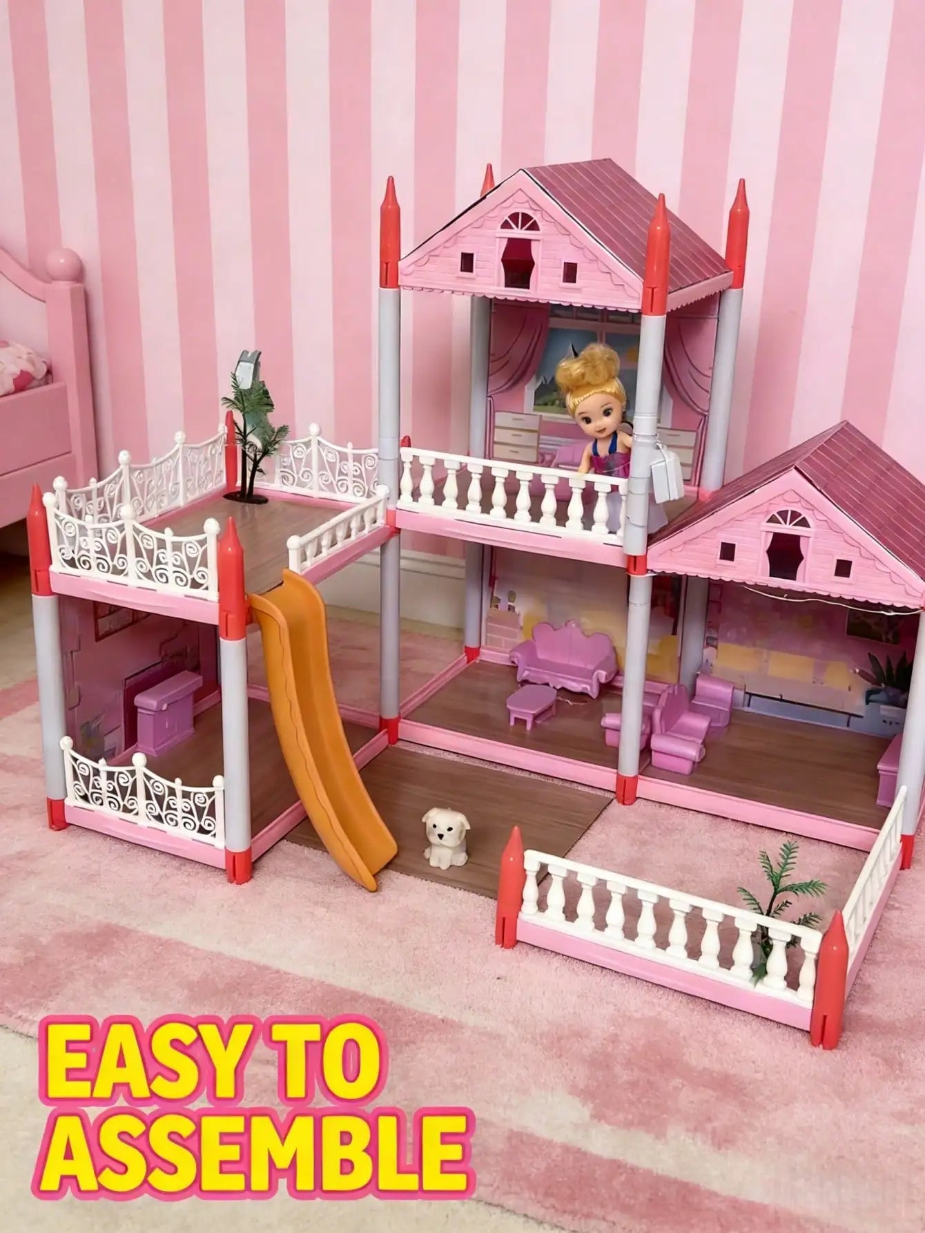 I YAN Villa Dollhouse Playset with furniture, DIY castle for kids, educational puzzle toy for children’s gift, detailed interior view