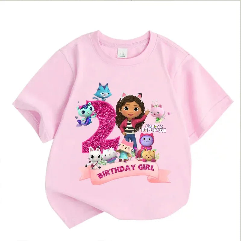 Gabbys Dollhouses Birthday Number T-shirt Girls White Pink Short Sleeve T-shirts Tops Cotton Summer Casual Party Supplies Tee
