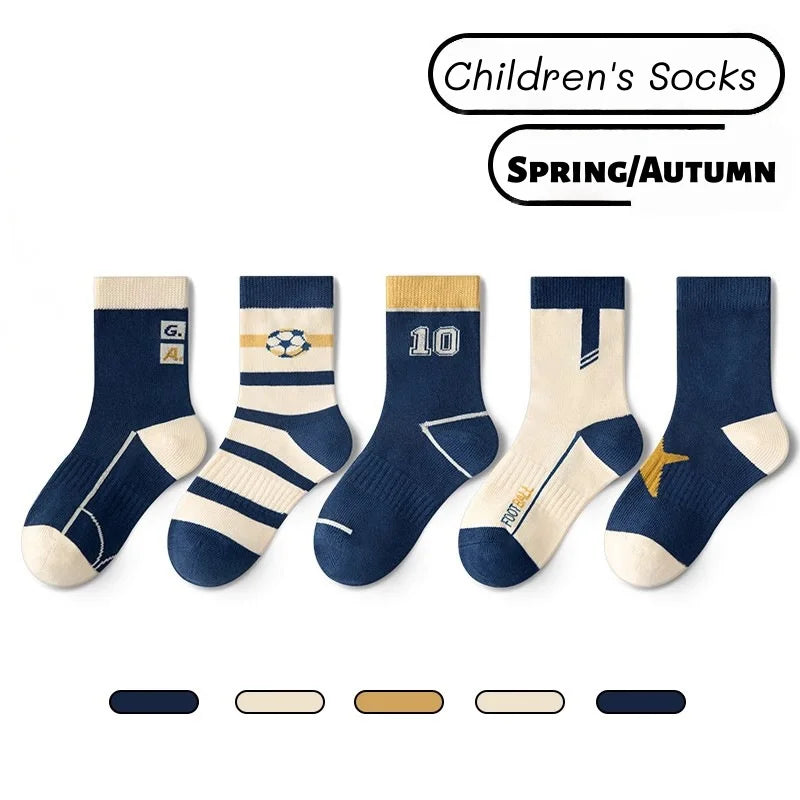 5 Pairs Children's' Socks Spring Autumn Cotton Socks Kids Striped Football Pattern Sock 1-14T Boys Mid-calf Length