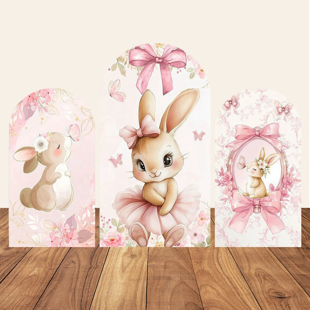 Easter Bunny Rabbit One Birthday Arch Backdrop Cover Pink Dress Floral Bowknot Sweetheart Girl Cake Party Decor Photo Wall