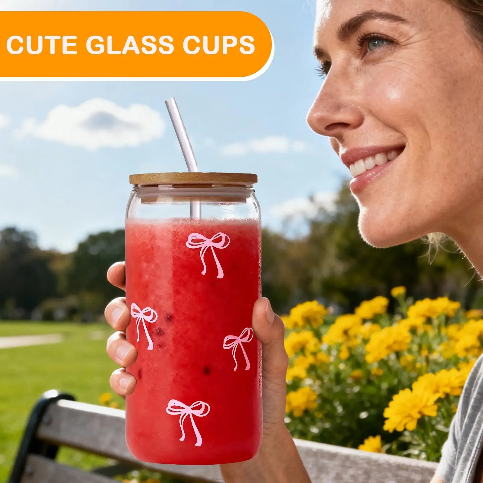 Bow Shape Glass Cup with Lid Straw 500ml Cute Aesthetic Drinkware Iced Coffee Tumbler Matcha Tea Bottle for Women Girls Gift