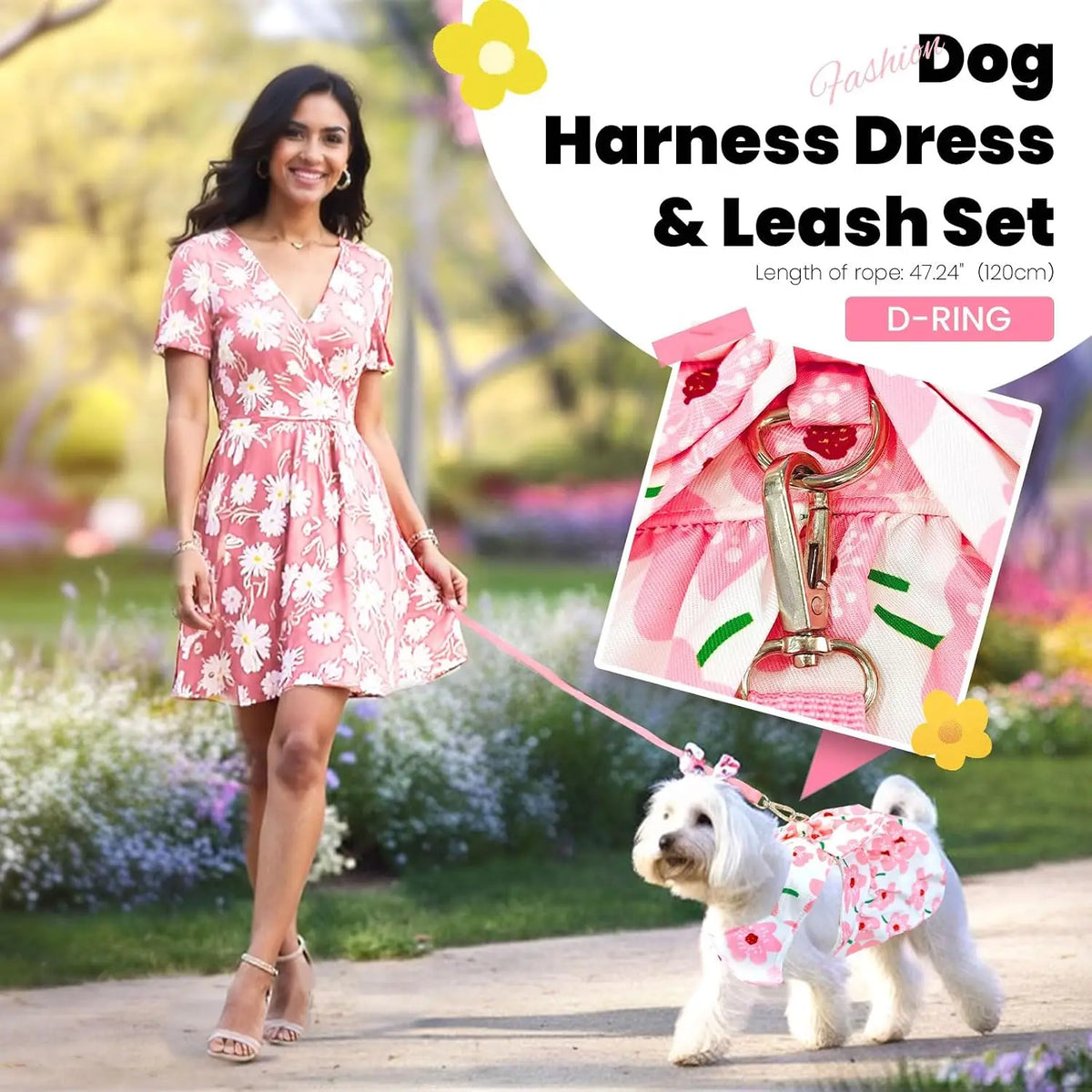 Cute small dog wearing floral summer dress with bow and harness, perfect for holiday or birthday celebrations, by I YAN.