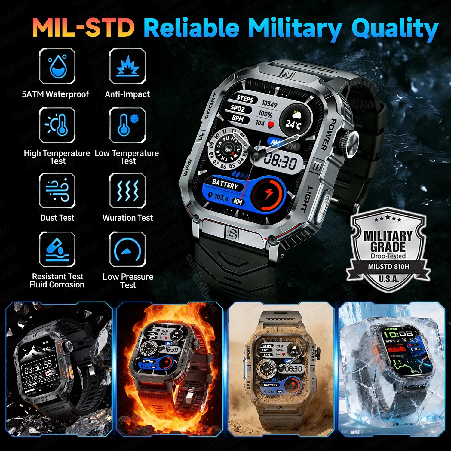 New Dual-Band Satellite GPS Smart Watch Men 2.01'' HD Screen Compass Military Flashlight Watches Waterproof Swim Smart Bracelet