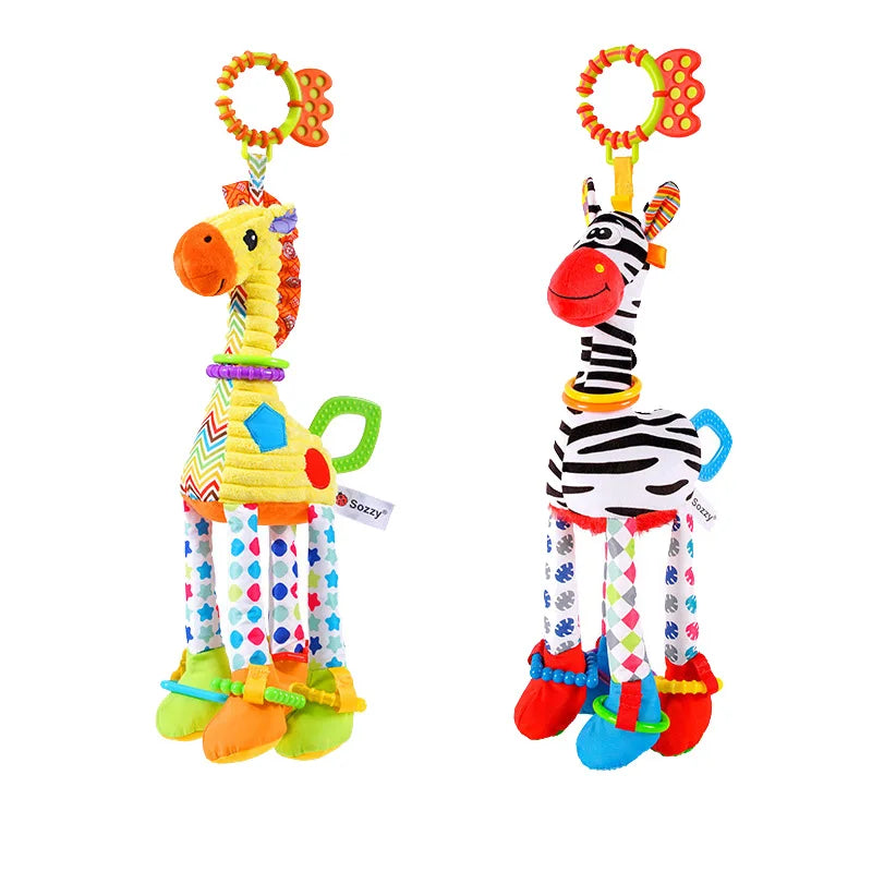 I YAN soft giraffe zebra plush infant handbells and rattles with teether, perfect for newborn baby development and sensory play.