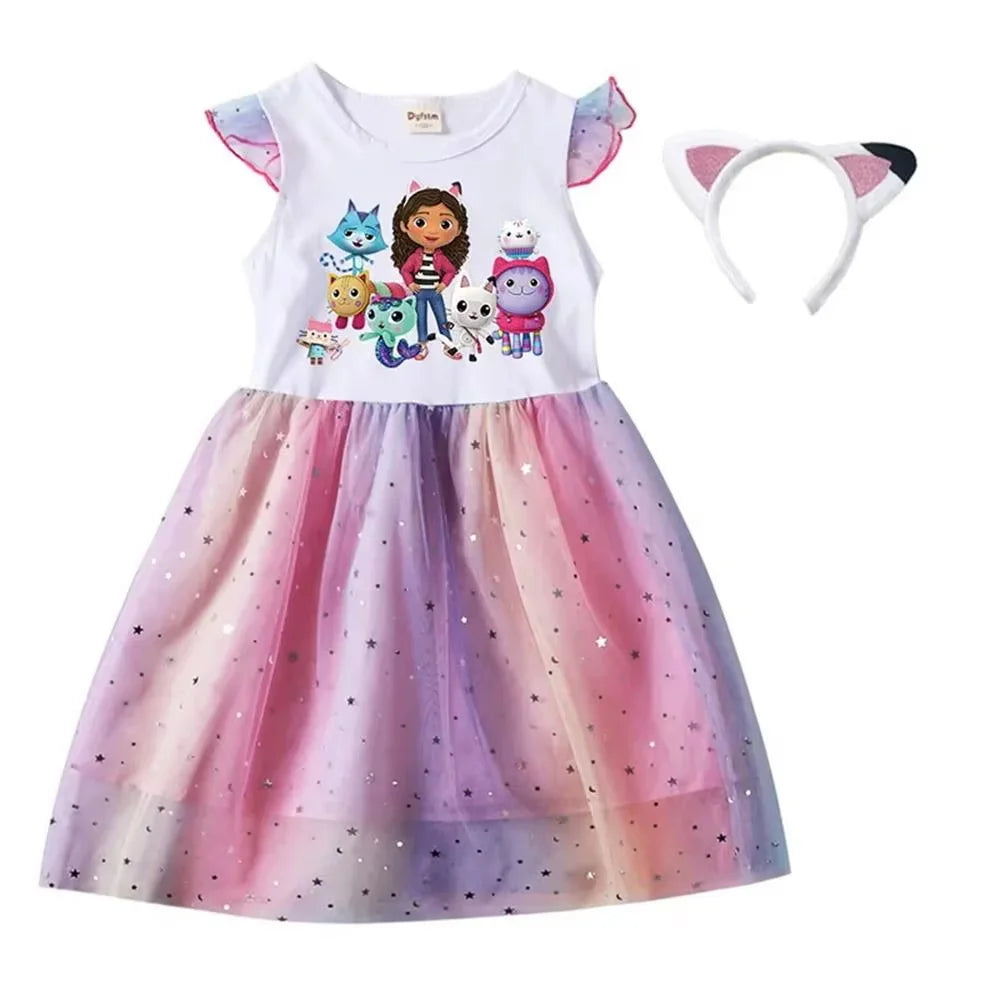 Summer Girls Daily Dresses Fly-sleeve Mesh Star Princess Dress Children's Cartoon Gaby Cosplay Costume+Headband Birthday Gift