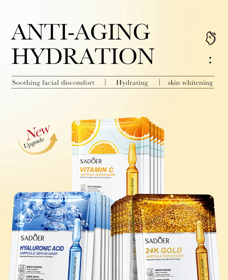 30/15pcs SADOER 24K Gold Vitamin C Hyaluronic Acid Facial Masks Face Moisturizing Firming Hydrating Face Mask Facial Skin Care