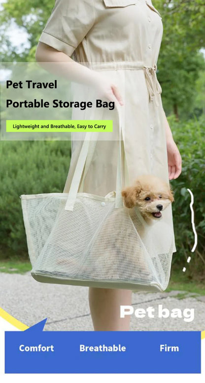 I YAN portable mesh pet carrier bag for dogs, breathable summer travel tote with shoulder strap and foldable design.