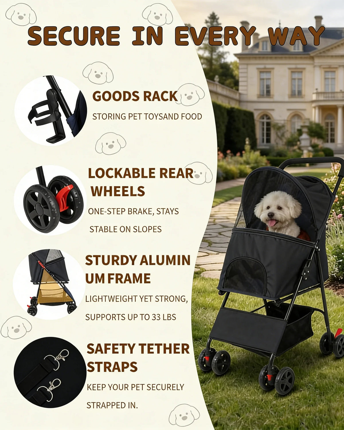 Lightweight I YAN pet stroller for small dogs and cats, foldable 4-wheel design with storage basket for travel and outdoor walks.