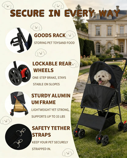 Lightweight I YAN pet stroller for small dogs and cats, foldable 4-wheel design with storage basket for travel and outdoor walks.