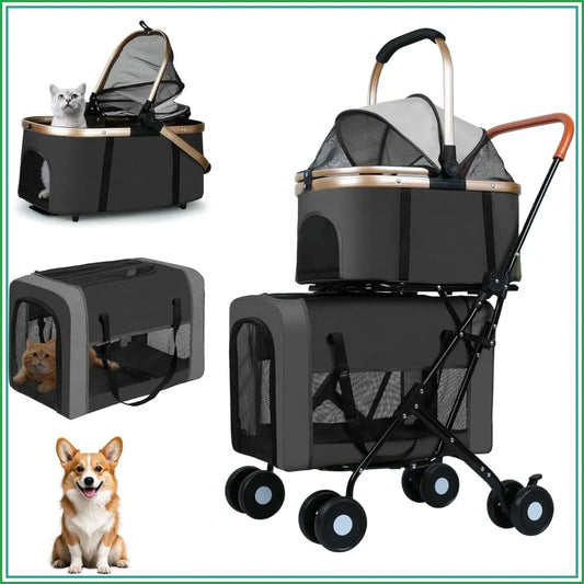 Foldable I YAN double pet stroller with detachable carriers, safety belts, and lockable wheels for small to medium dogs and cats.