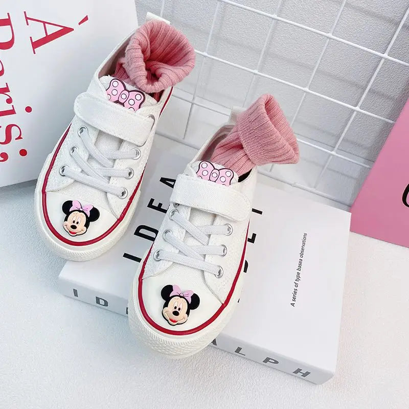 Disney Girls' Canvas Casual Shoes Soft Sole High Top Cartoon Mickey Mouse Minnie Purple White Breathable Shoes Flats Size 24-37