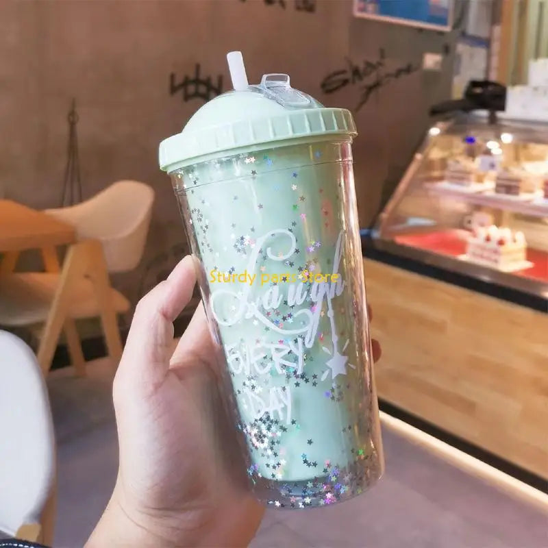 97QC 550ml Rainbow Plastic Water Bottle Double Layer Sequins Drinking Cup with Straw