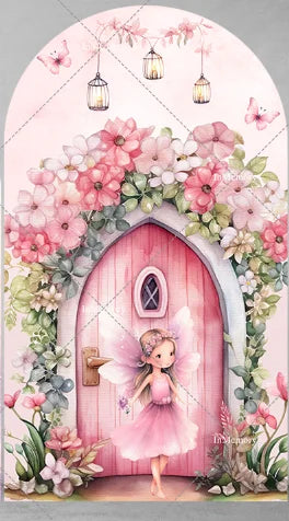 Fairy Girl 1st Birthday Party Arch Backdrop Spring Garden Pink Purple Butterfly Floral Mushroom Door Baby Shower Backgrounds